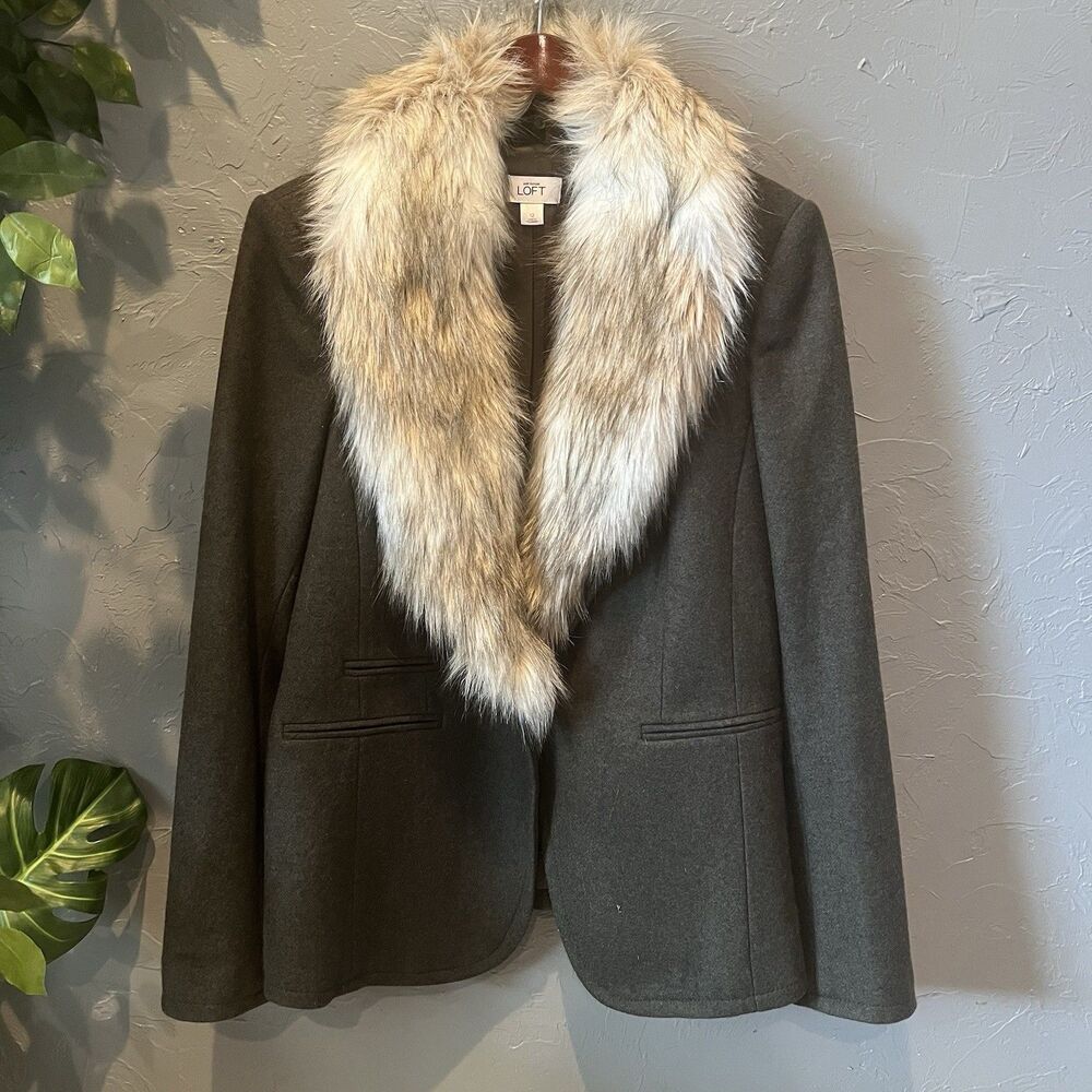 Ann Taylor LOFT Wool Blazer Removable Faux Fur Y2K Classic Tailored Jacket 12